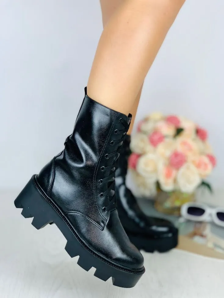 Lace-Up Black Leather Combat Boots