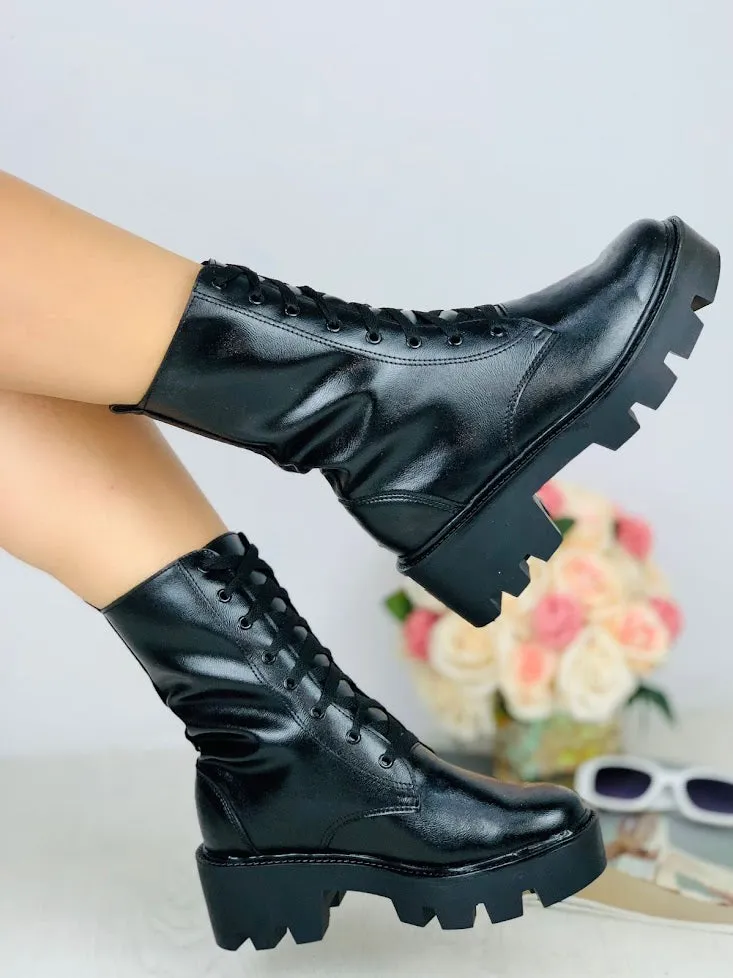 Lace-Up Black Leather Combat Boots