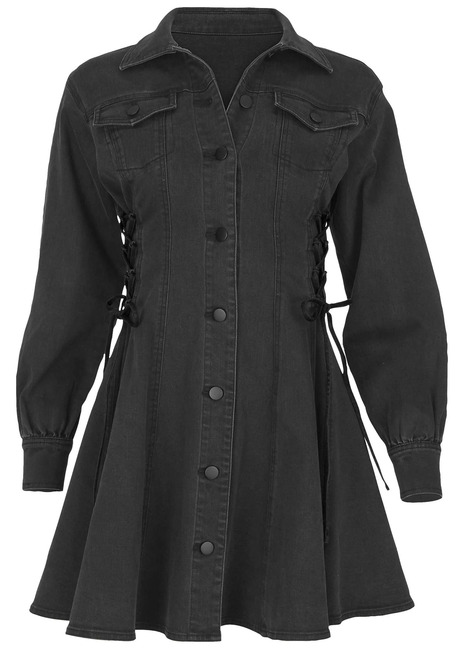 Lace-Up Denim Mini Dress - Black Wash