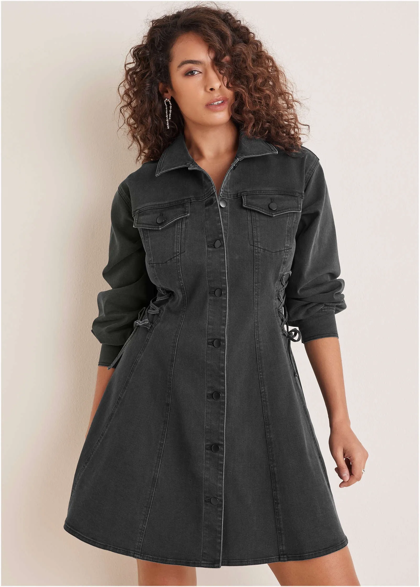 Lace-Up Denim Mini Dress - Black Wash
