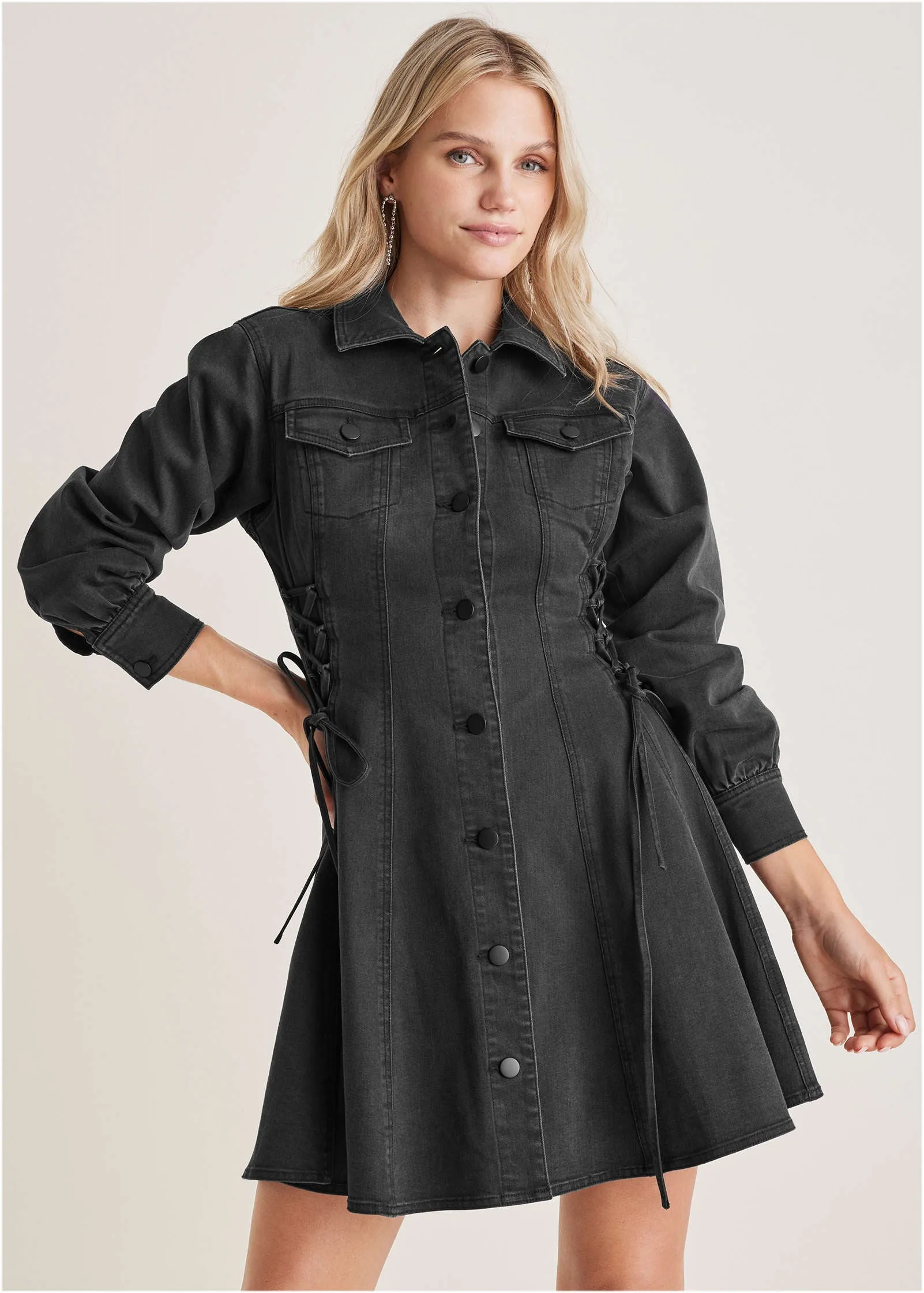 Lace-Up Denim Mini Dress - Black Wash