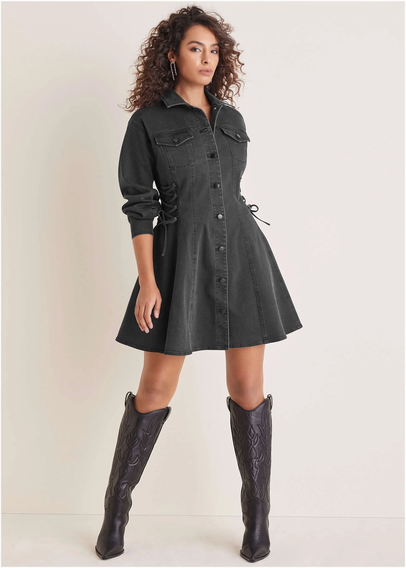 Lace-Up Denim Mini Dress - Black Wash