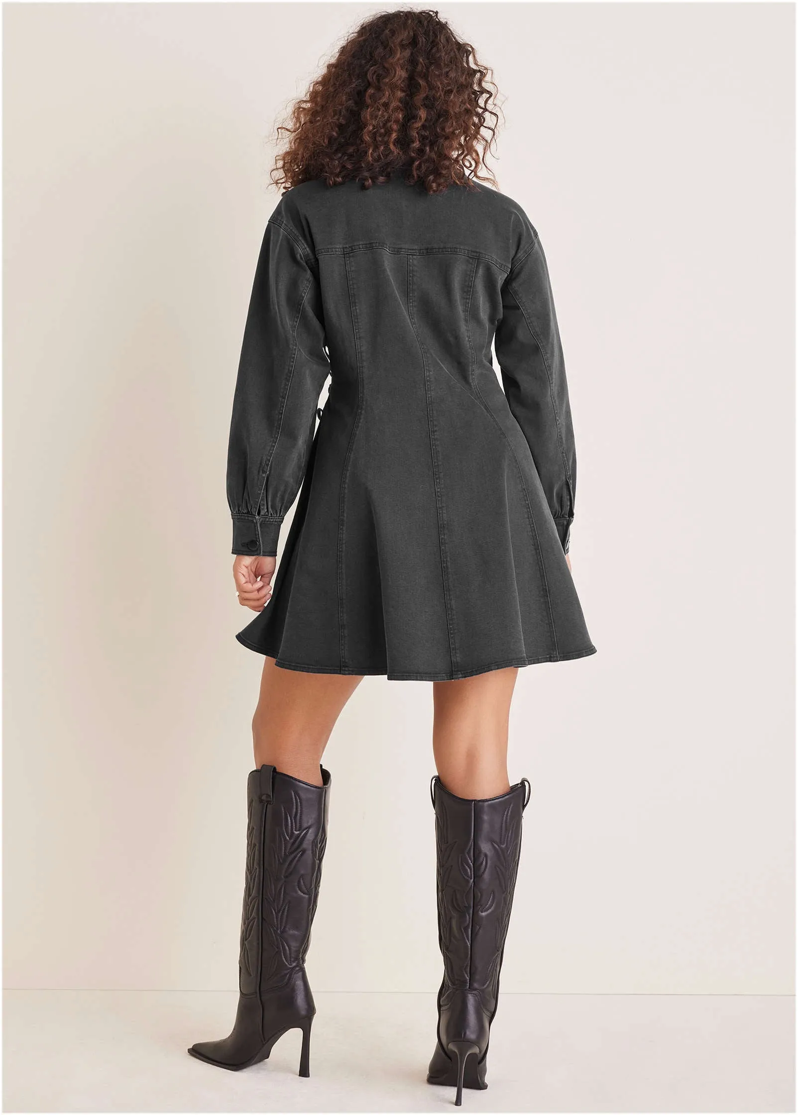Lace-Up Denim Mini Dress - Black Wash