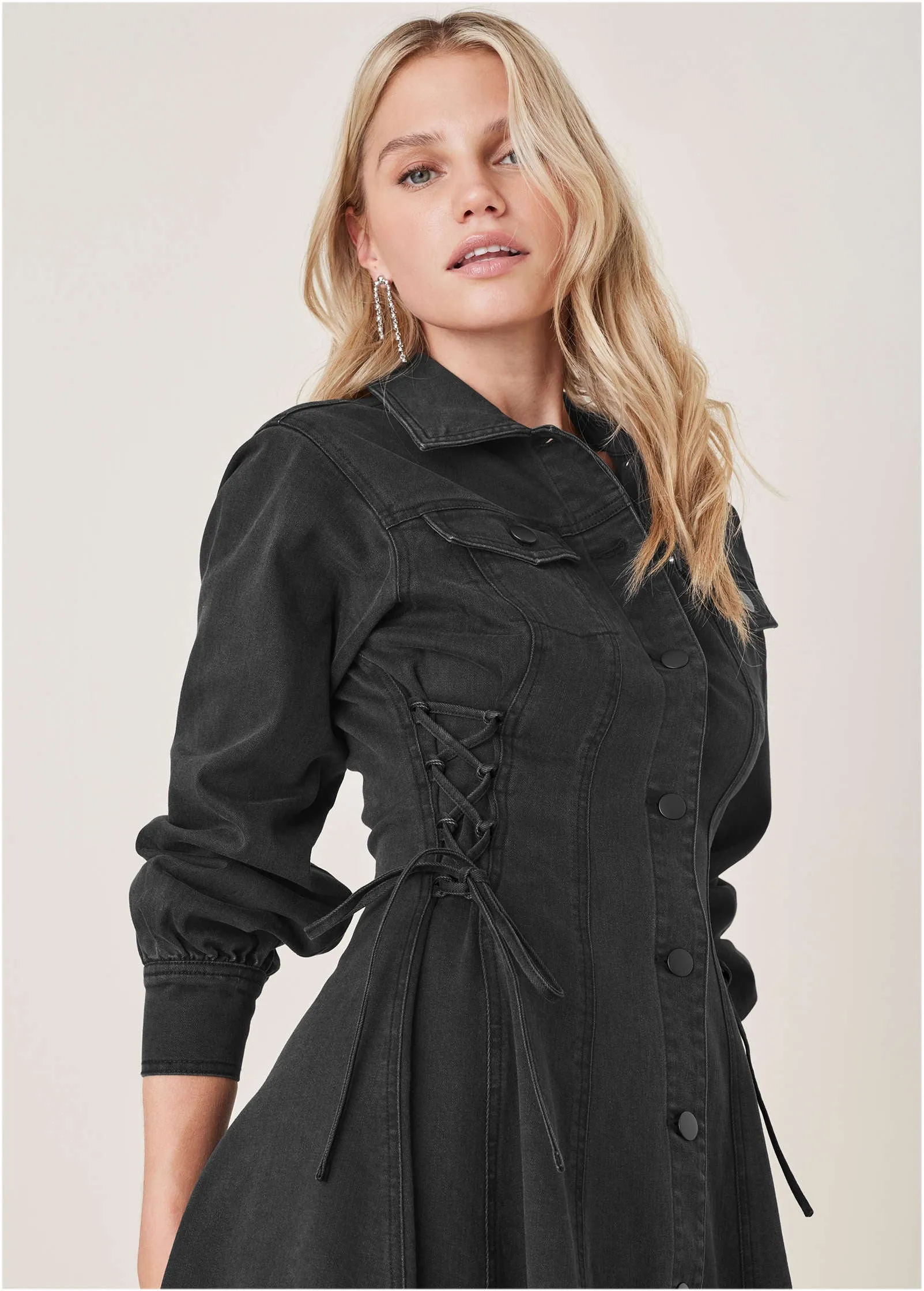 Lace-Up Denim Mini Dress - Black Wash