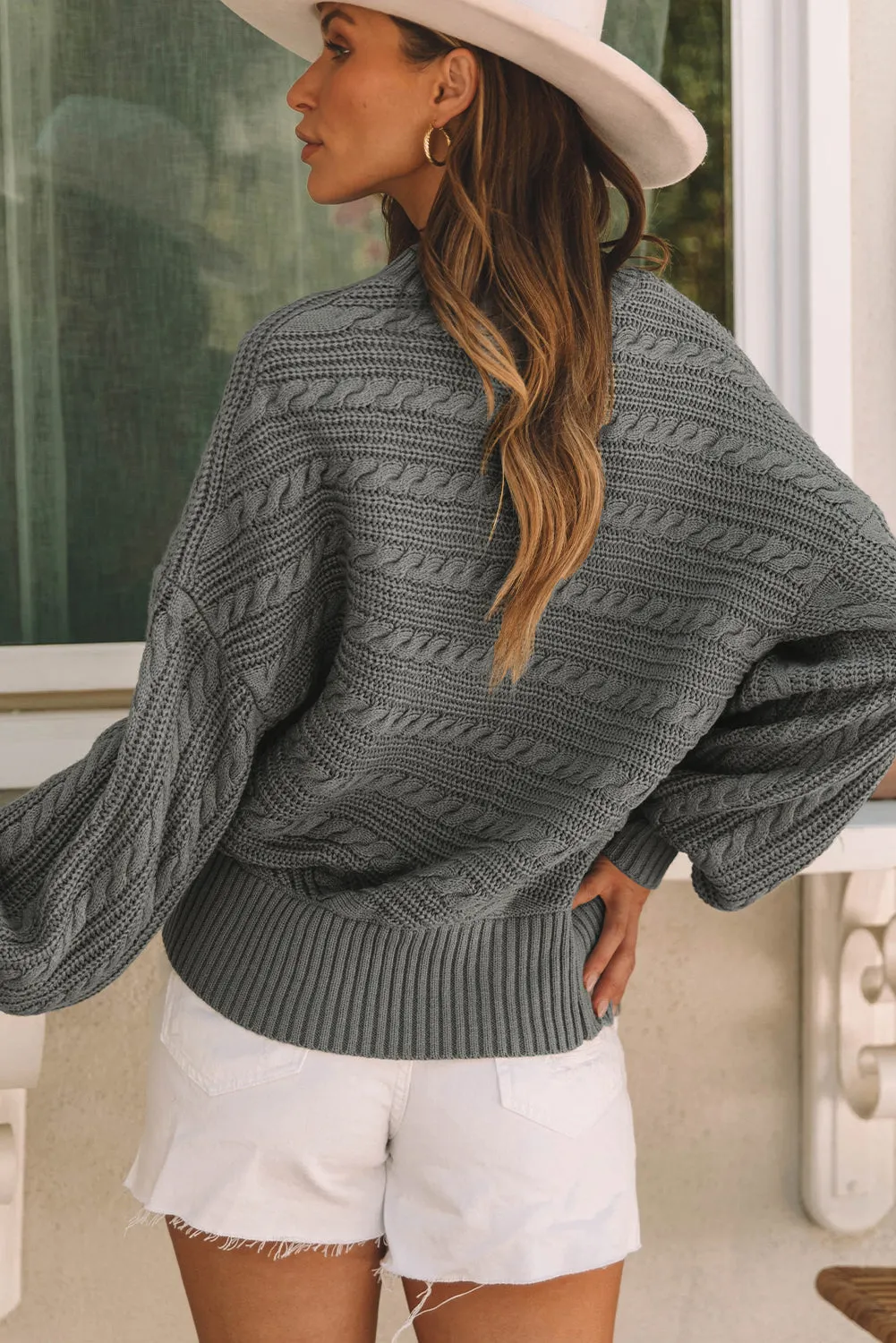 Lantern Sleeve Cable Knit Sweater