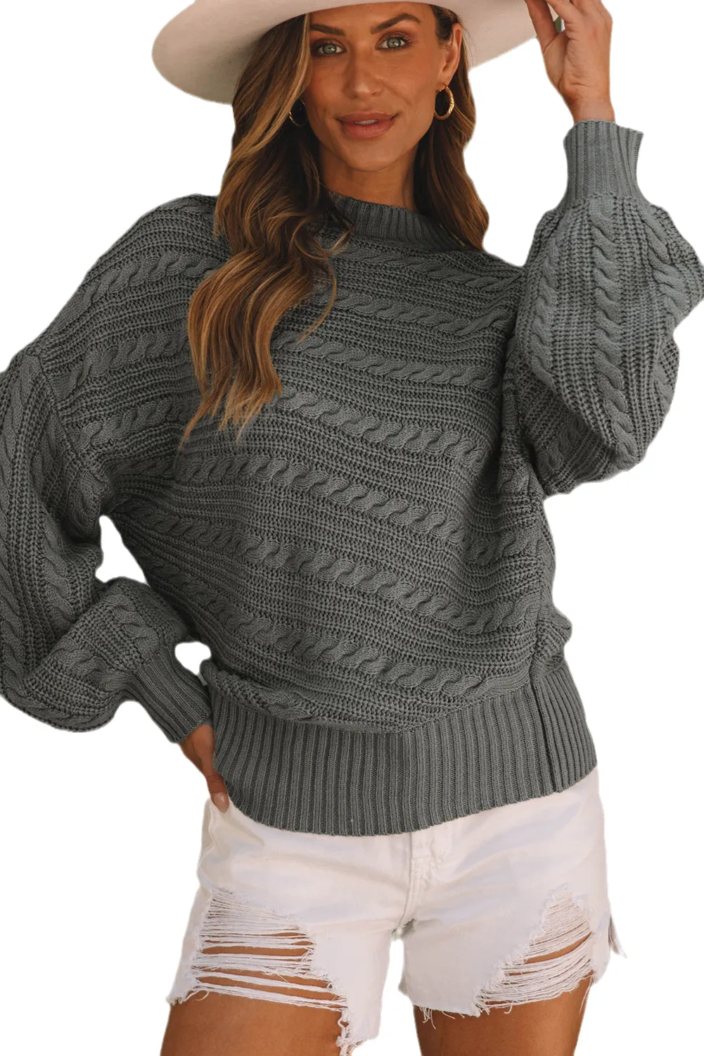 Lantern Sleeve Cable Knit Sweater