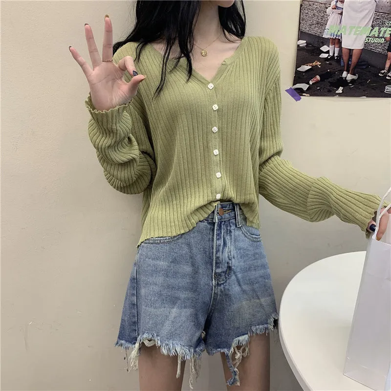 Loose Women Korean Gentle V-Neck Elegant Solid Colored Long Sleeved Short Cardigan Tops Sweater