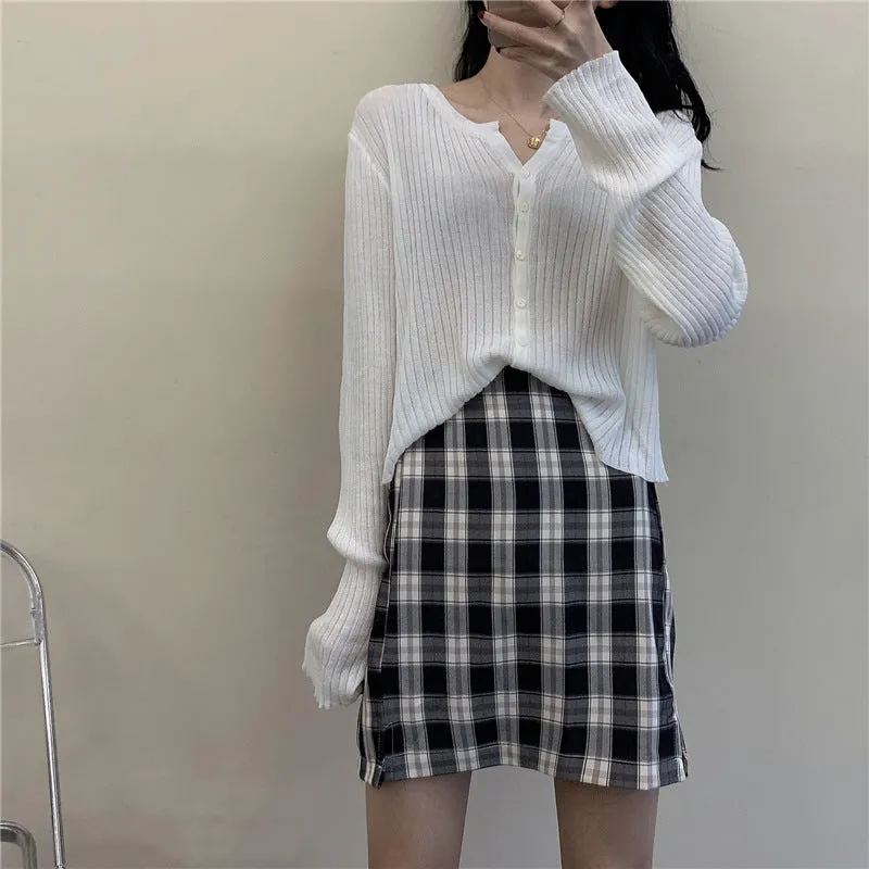 Loose Women Korean Gentle V-Neck Elegant Solid Colored Long Sleeved Short Cardigan Tops Sweater