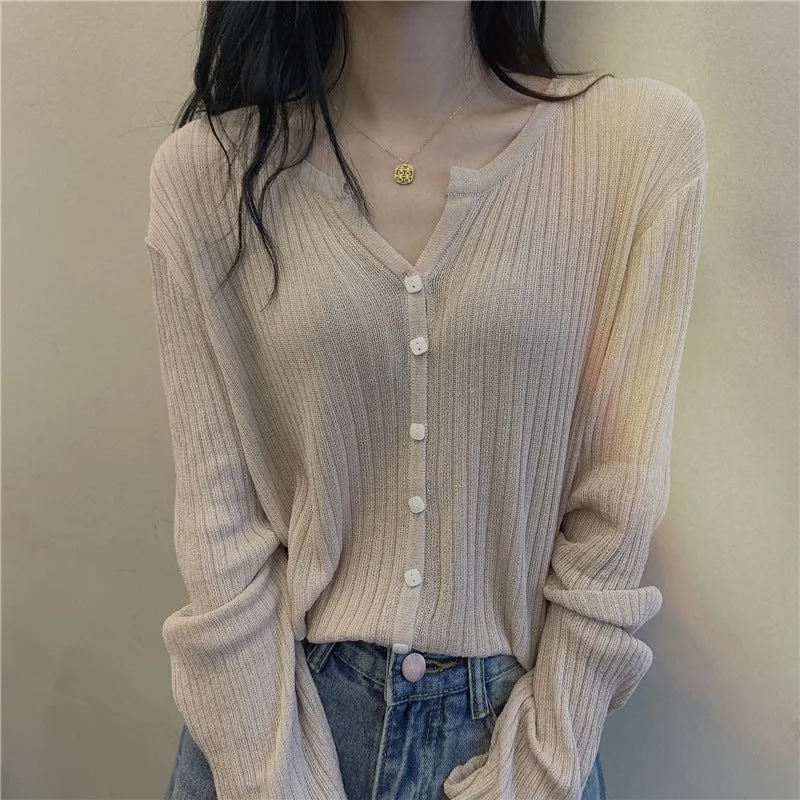 Loose Women Korean Gentle V-Neck Elegant Solid Colored Long Sleeved Short Cardigan Tops Sweater
