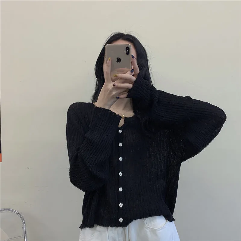 Loose Women Korean Gentle V-Neck Elegant Solid Colored Long Sleeved Short Cardigan Tops Sweater