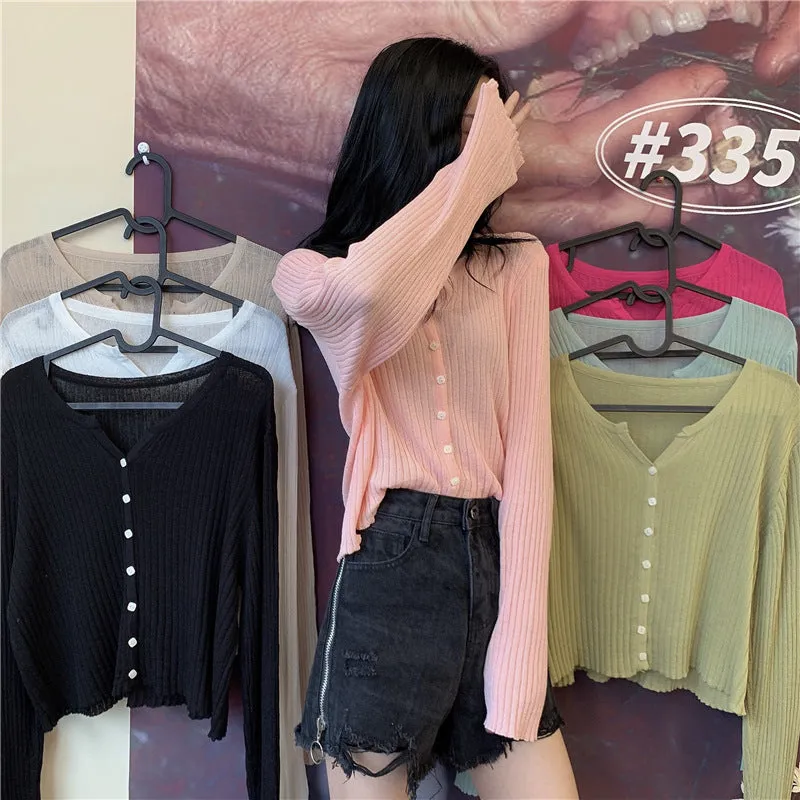 Loose Women Korean Gentle V-Neck Elegant Solid Colored Long Sleeved Short Cardigan Tops Sweater