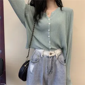 Loose Women Korean Gentle V-Neck Elegant Solid Colored Long Sleeved Short Cardigan Tops Sweater