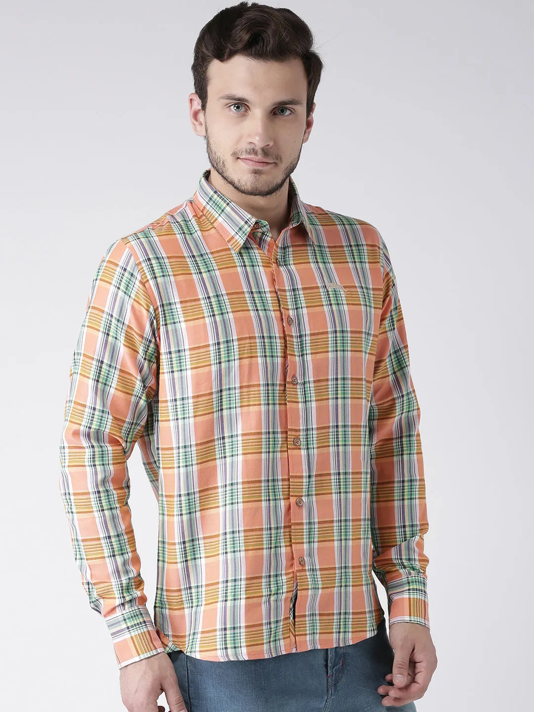 Men Casual Checked Orange Shirts