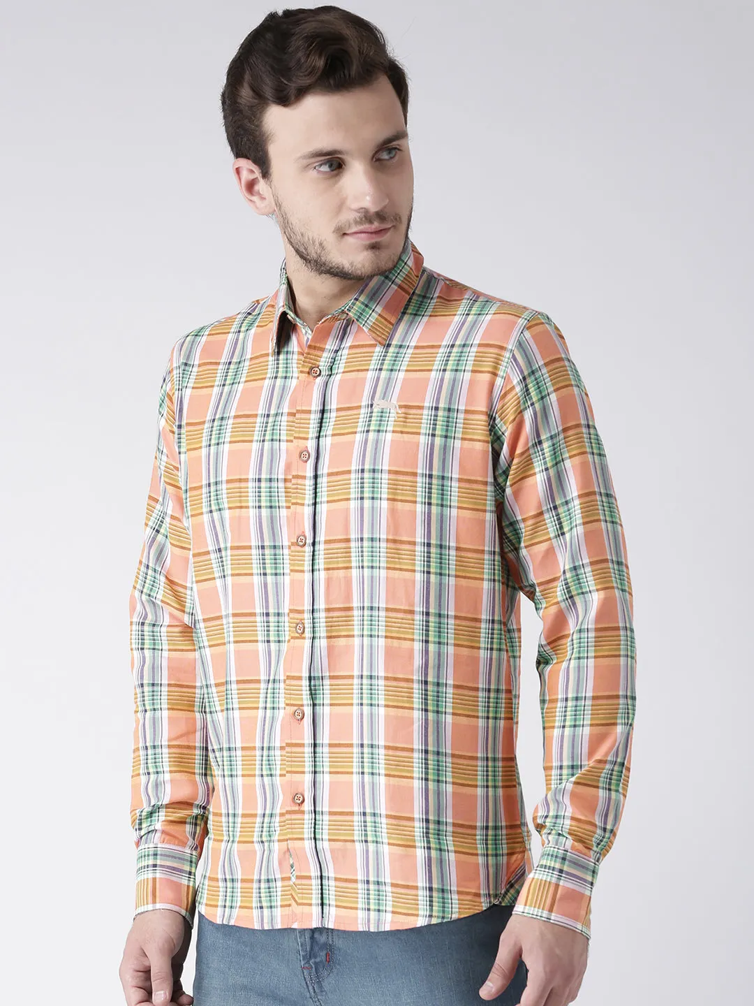 Men Casual Checked Orange Shirts