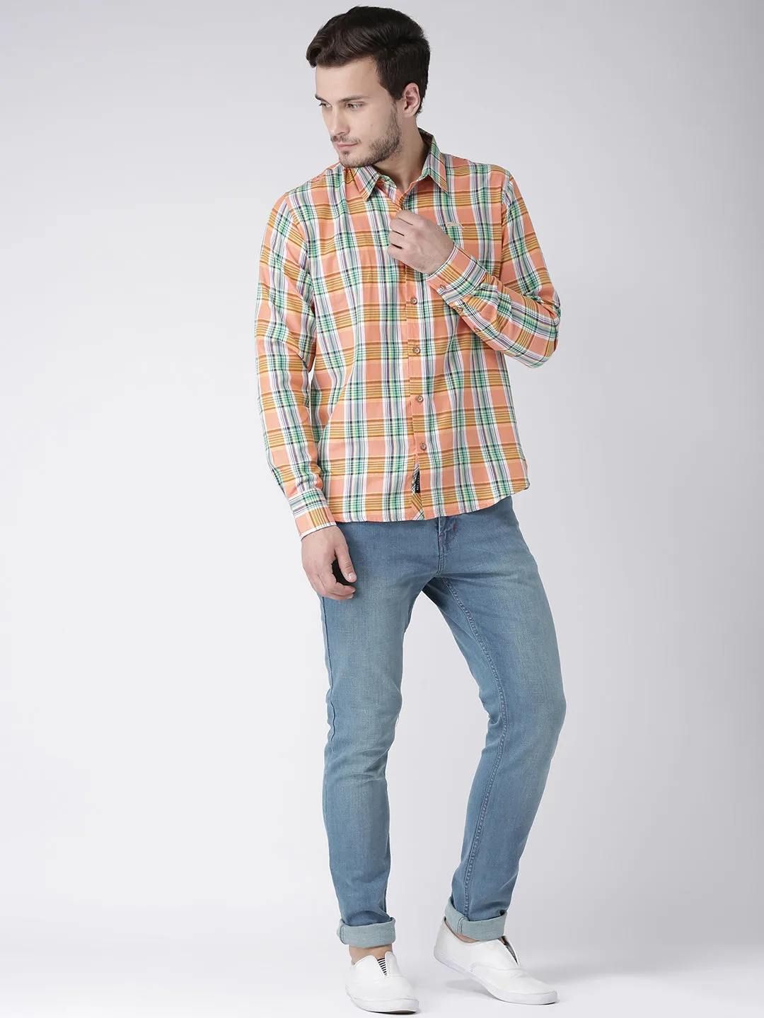 Men Casual Checked Orange Shirts