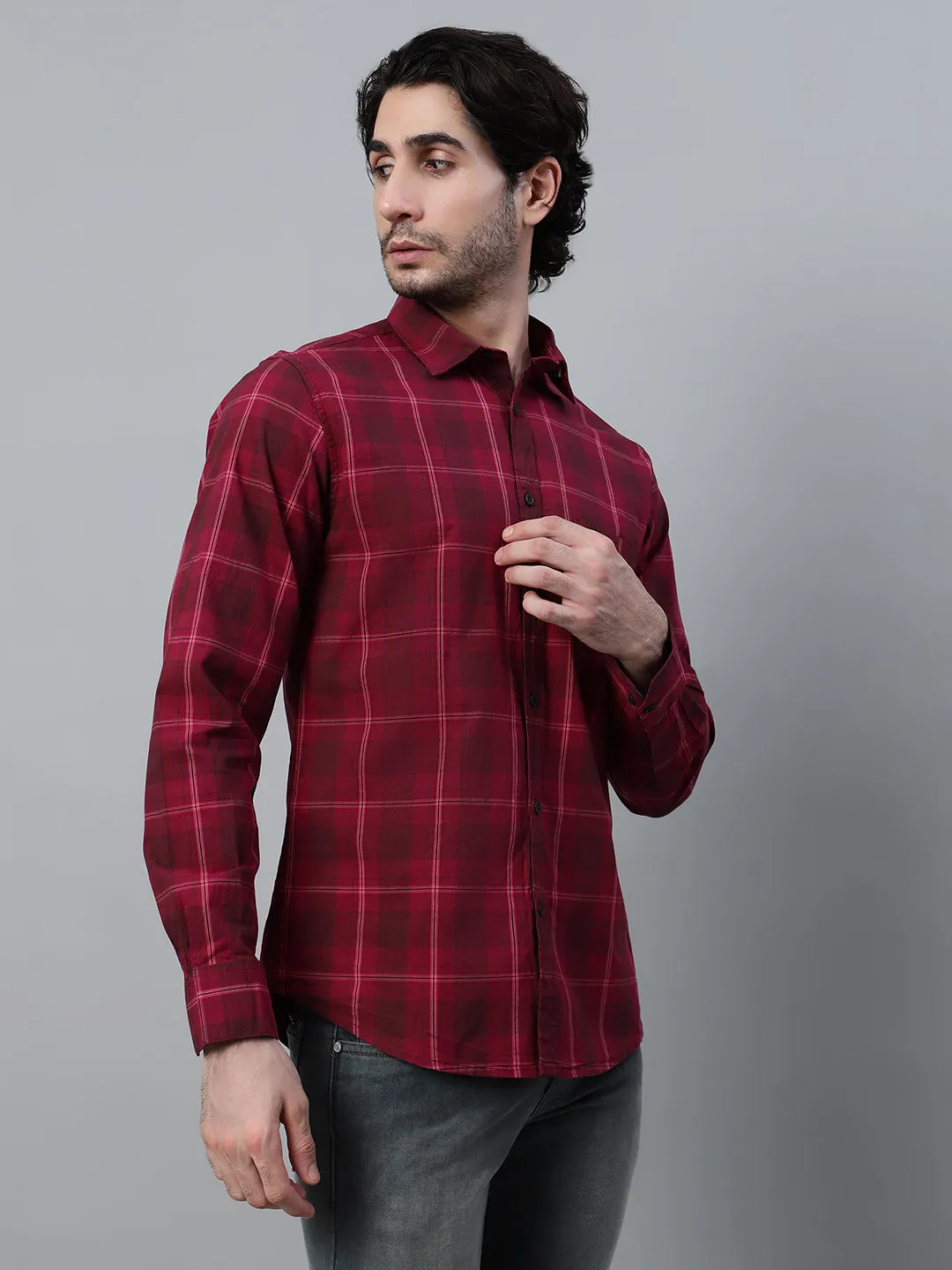 Men's Maroon Checkered Full Sleeve Casual Shirt