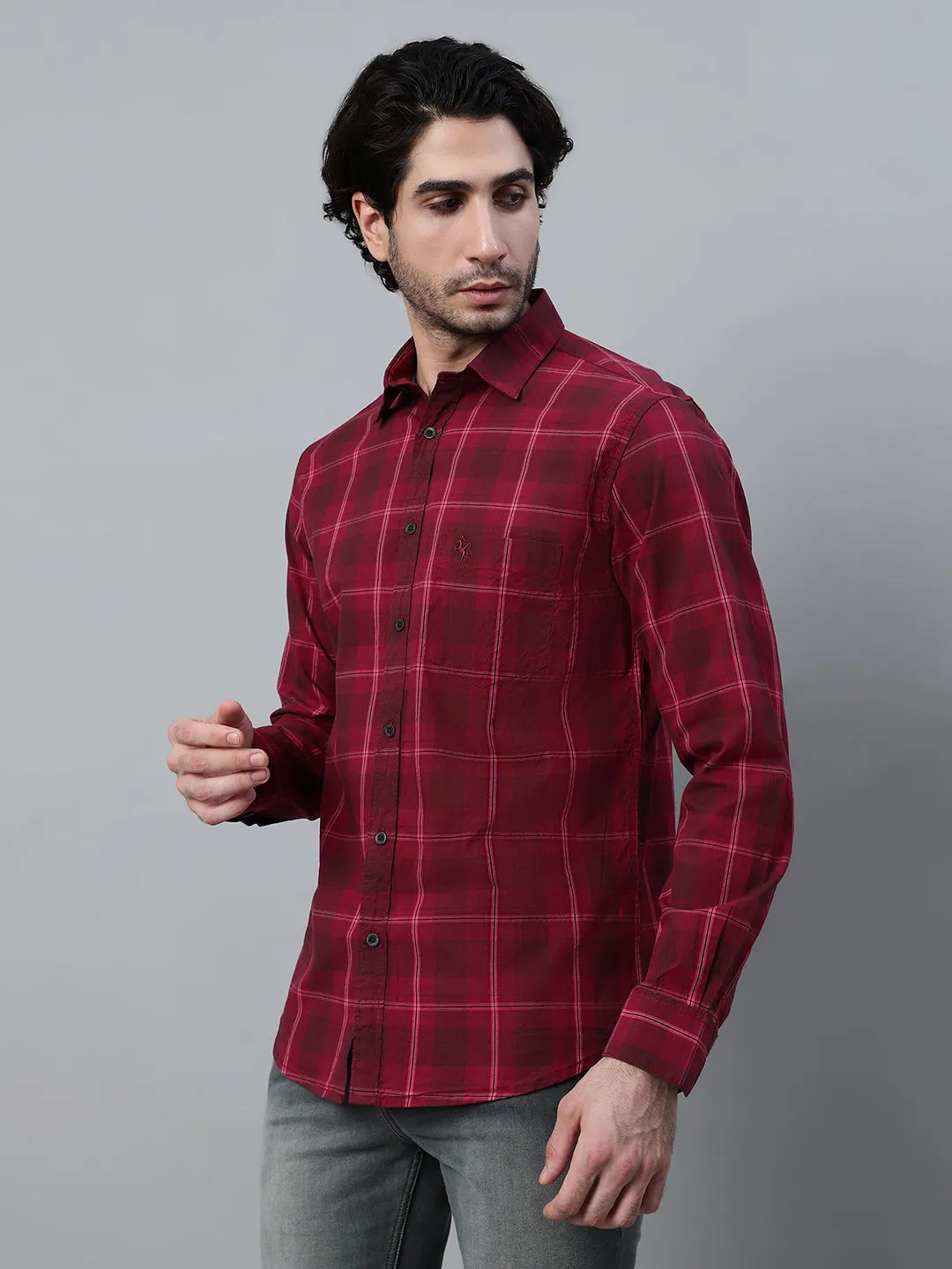 Men's Maroon Checkered Full Sleeve Casual Shirt