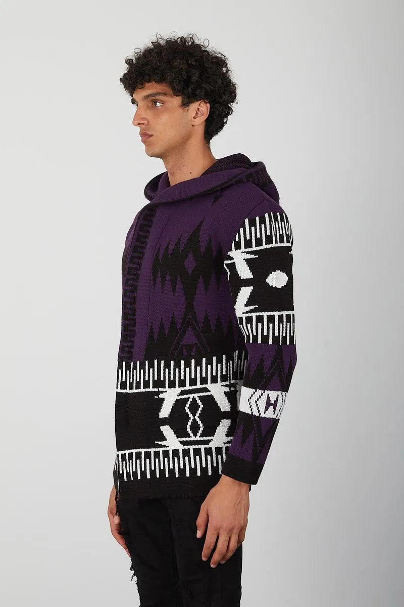 Men's Zipper Purple Aztec Cardigan Sweater