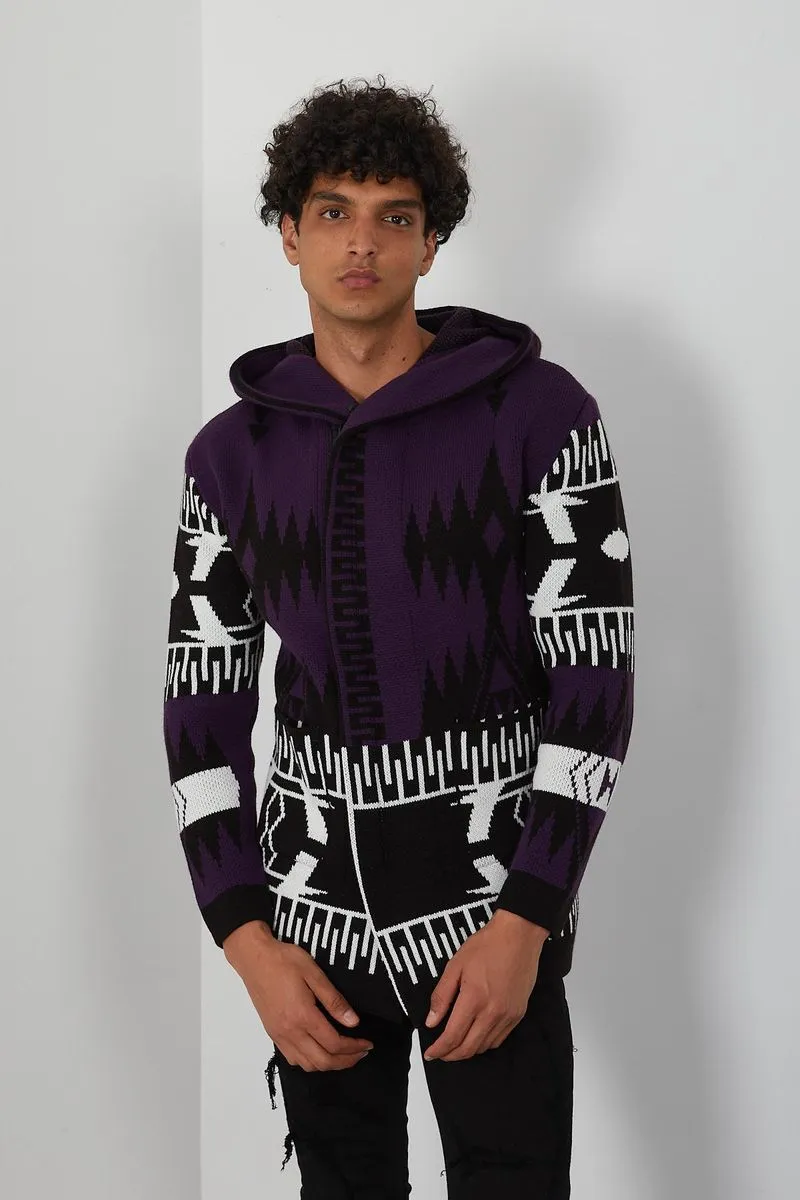 Men's Zipper Purple Aztec Cardigan Sweater