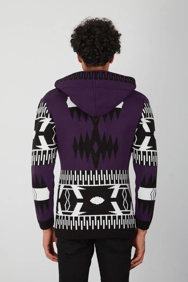 Men's Zipper Purple Aztec Cardigan Sweater
