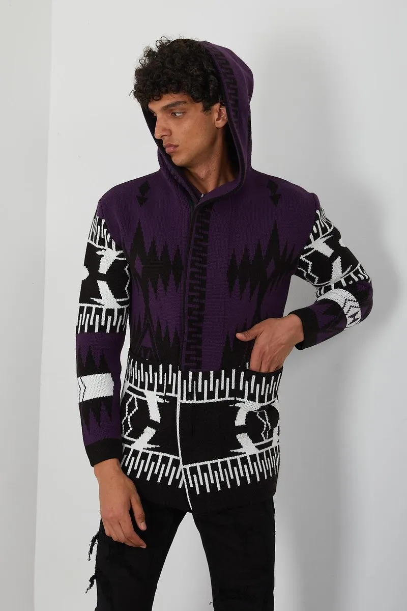 Men's Zipper Purple Aztec Cardigan Sweater