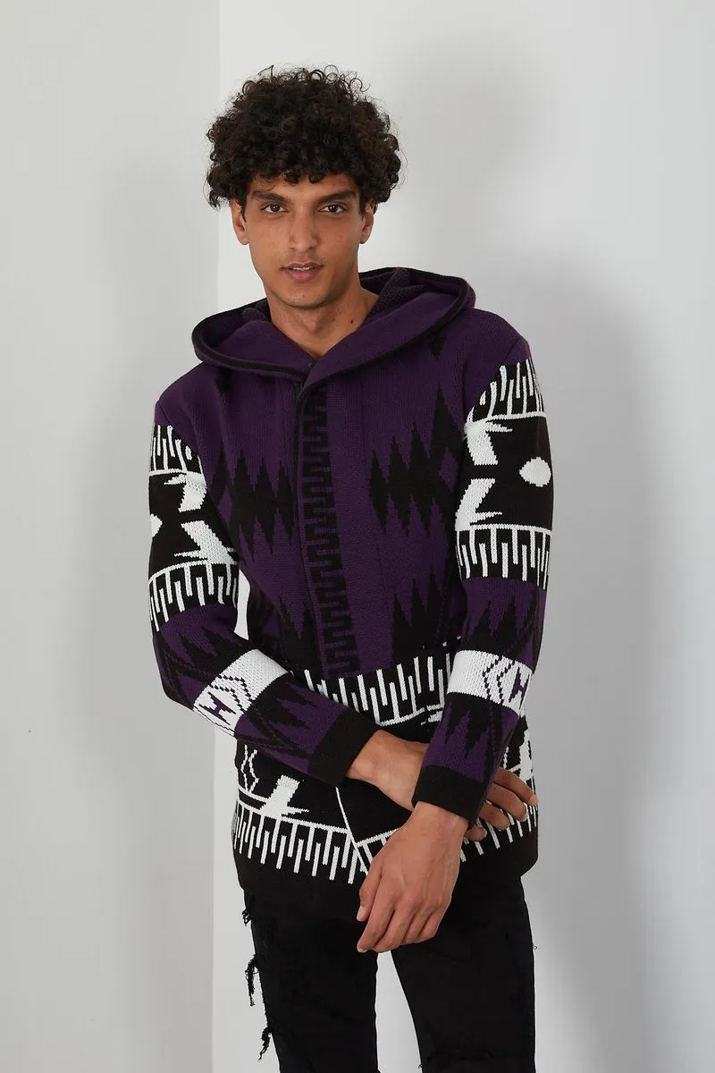 Men's Zipper Purple Aztec Cardigan Sweater