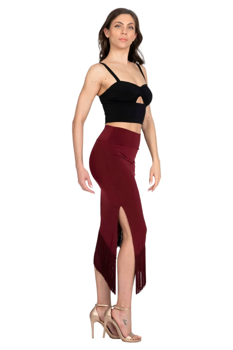 Midi Asymmetric Tango Skirt With Fringe (XS) (Black)