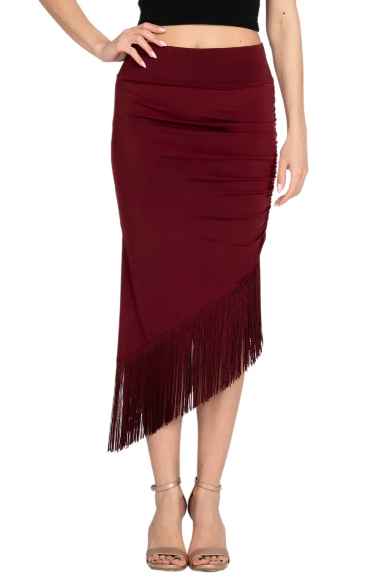 Midi Asymmetric Tango Skirt With Fringe (XS) (Black)