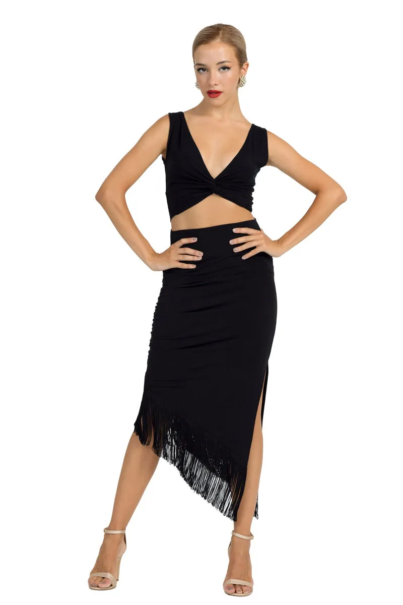 Midi Asymmetric Tango Skirt With Fringe (XS) (Black)