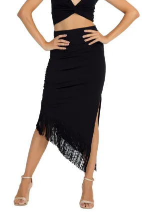 Midi Asymmetric Tango Skirt With Fringe (XS) (Black)