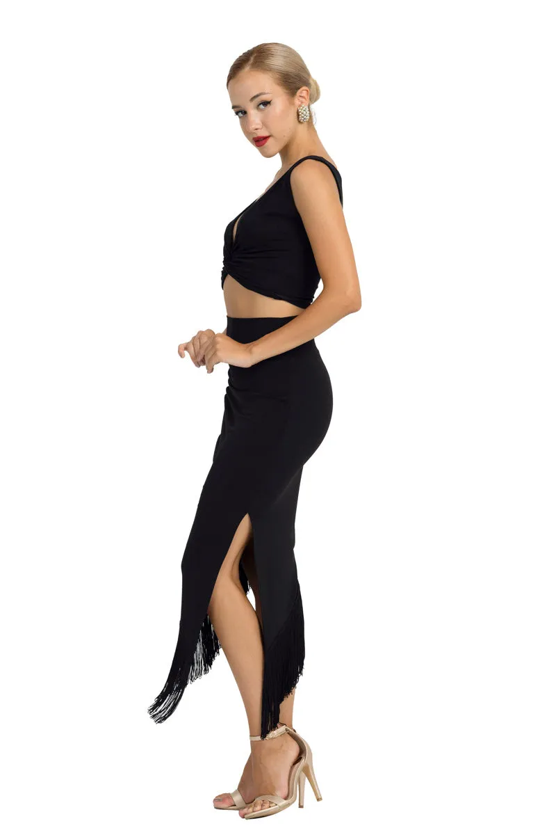 Midi Asymmetric Tango Skirt With Fringe (XS) (Black)