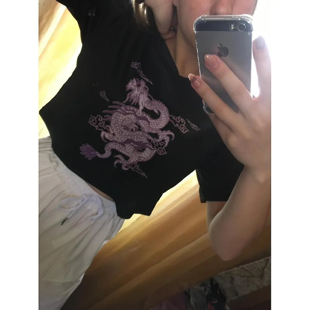 Pink-B Woman T-shirts Harajuku Dragon Kpop Ropa Y2k Crop Tops Aesthetic Vintage Femme V-neck Tops Korean Punk Streetwear Gothic Tee