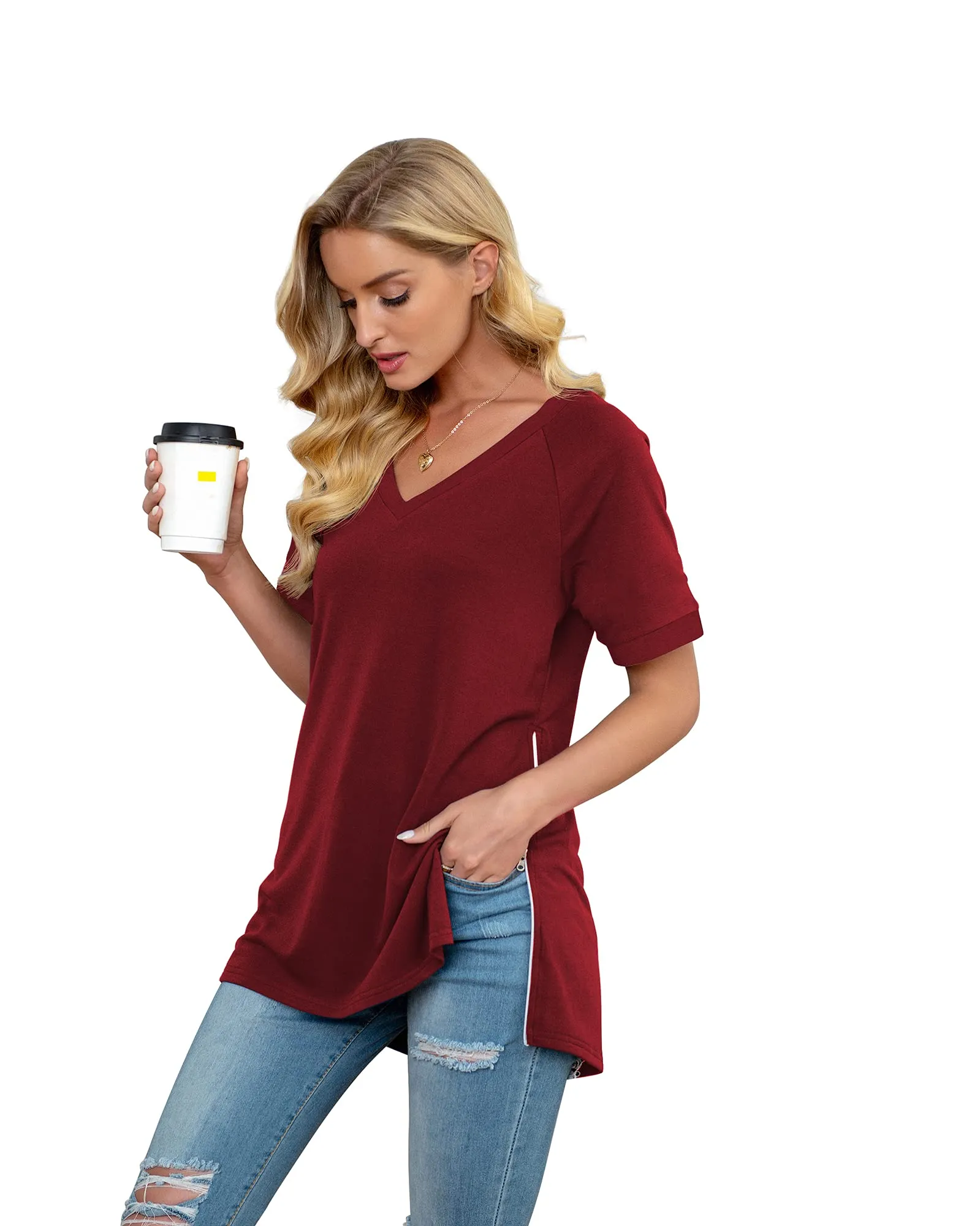 PrinStory Women's Summer Casual Tops V-Neck Soft Raglan Short Sleeves Tops Basic T-Shirt Split Blouse with Side Zipper