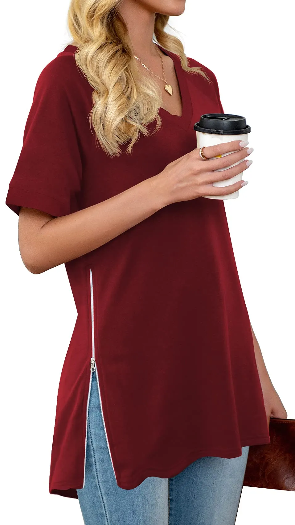 PrinStory Women's Summer Casual Tops V-Neck Soft Raglan Short Sleeves Tops Basic T-Shirt Split Blouse with Side Zipper