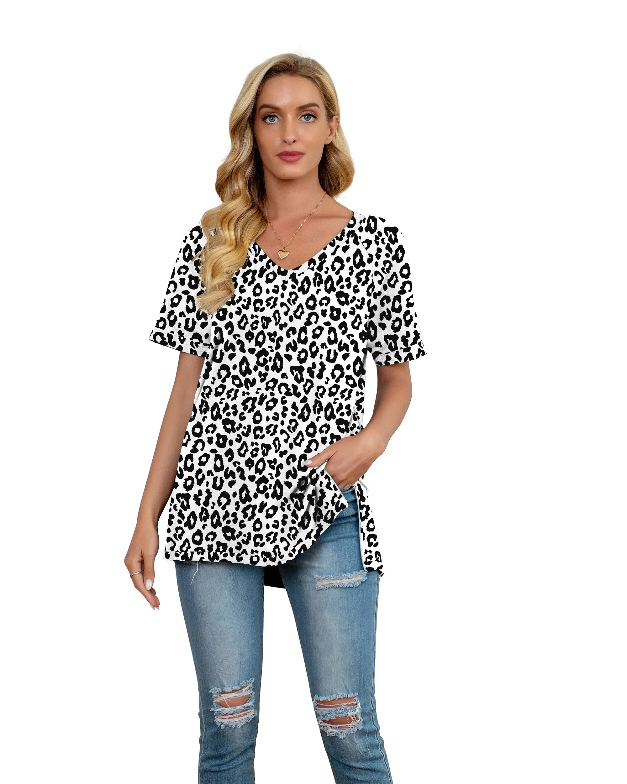 PrinStory Women's Summer Casual Tops V-Neck Soft Raglan Short Sleeves Tops Basic T-Shirt Split Blouse with Side Zipper
