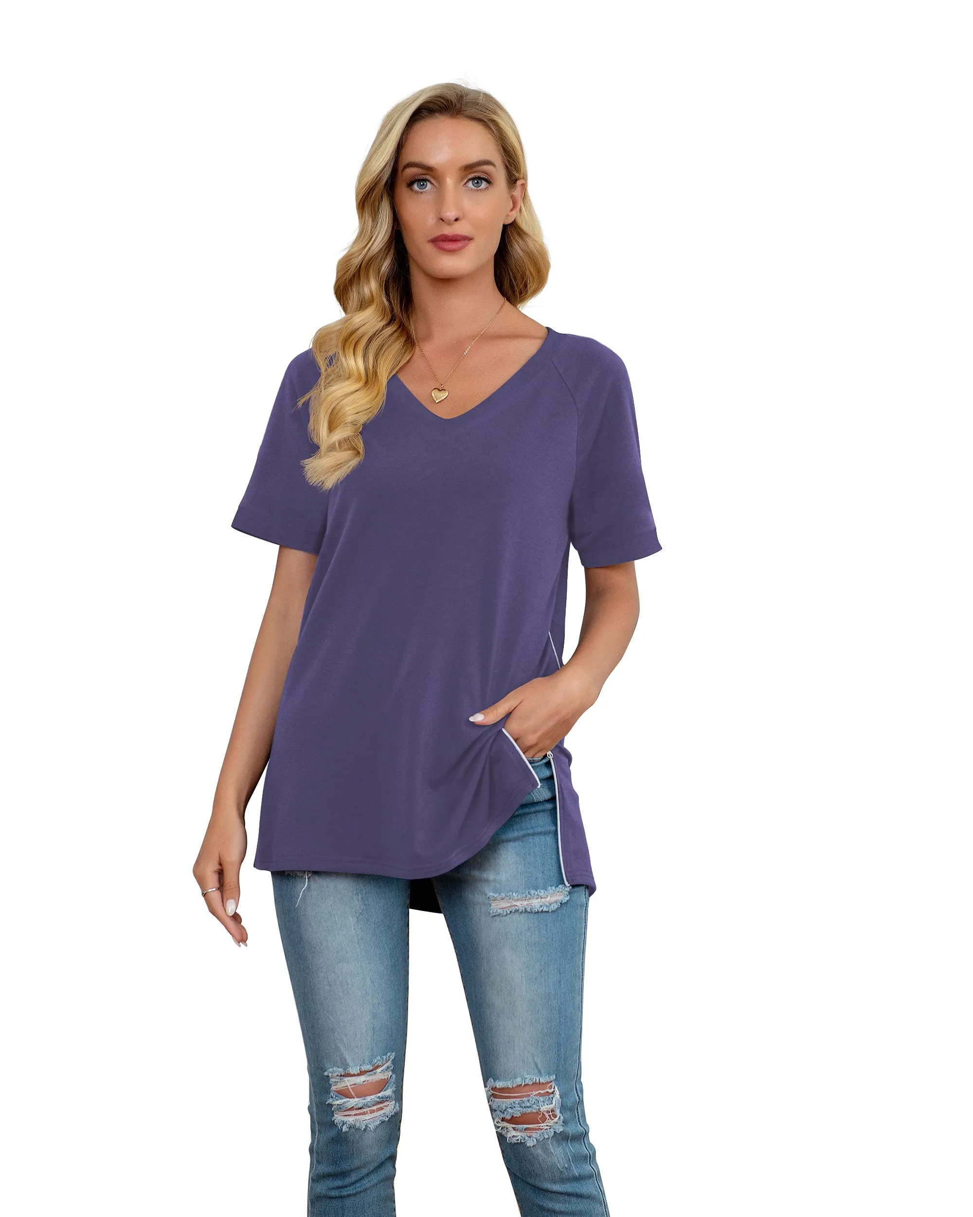 PrinStory Women's Summer Casual Tops V-Neck Soft Raglan Short Sleeves Tops Basic T-Shirt Split Blouse with Side Zipper