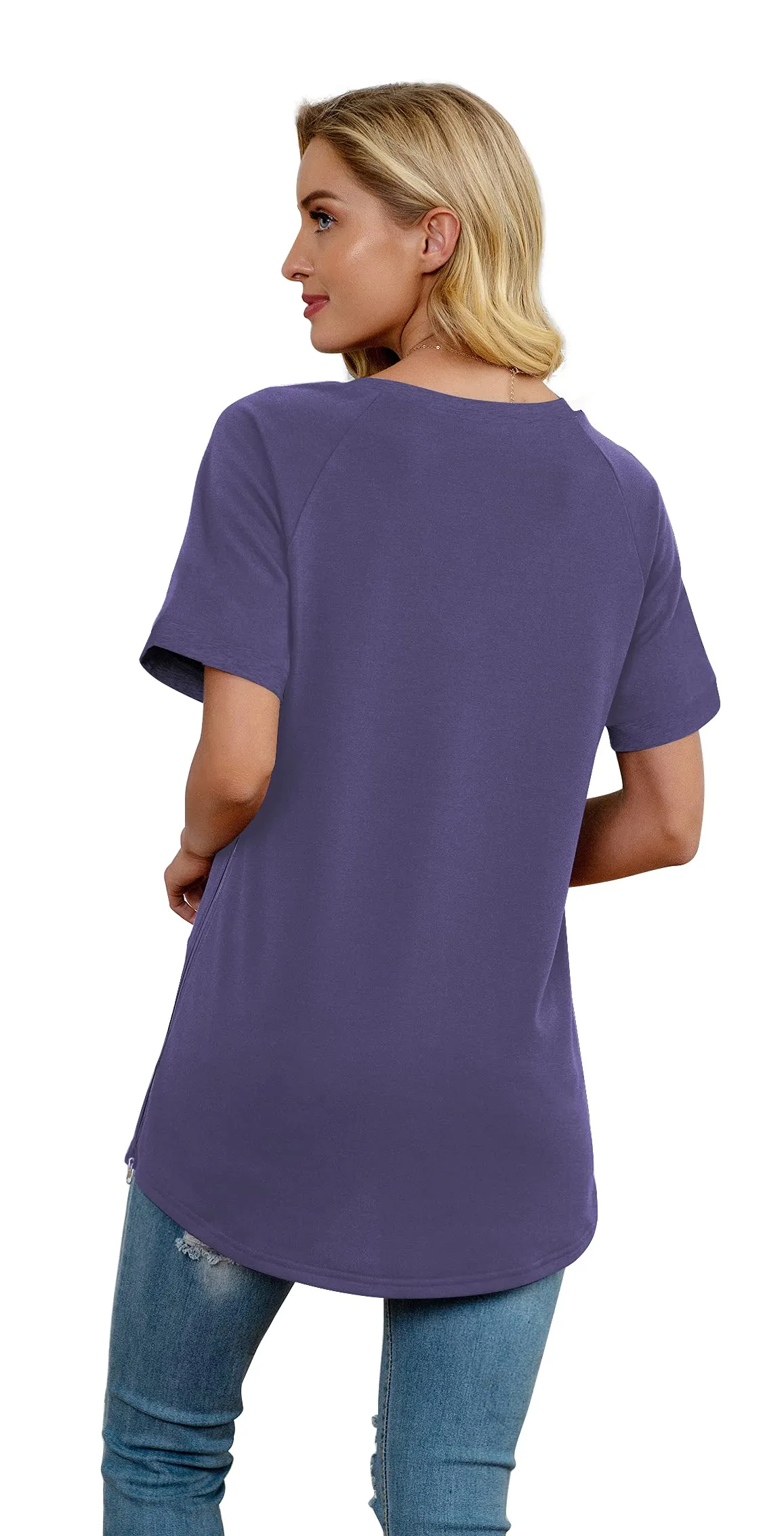 PrinStory Women's Summer Casual Tops V-Neck Soft Raglan Short Sleeves Tops Basic T-Shirt Split Blouse with Side Zipper
