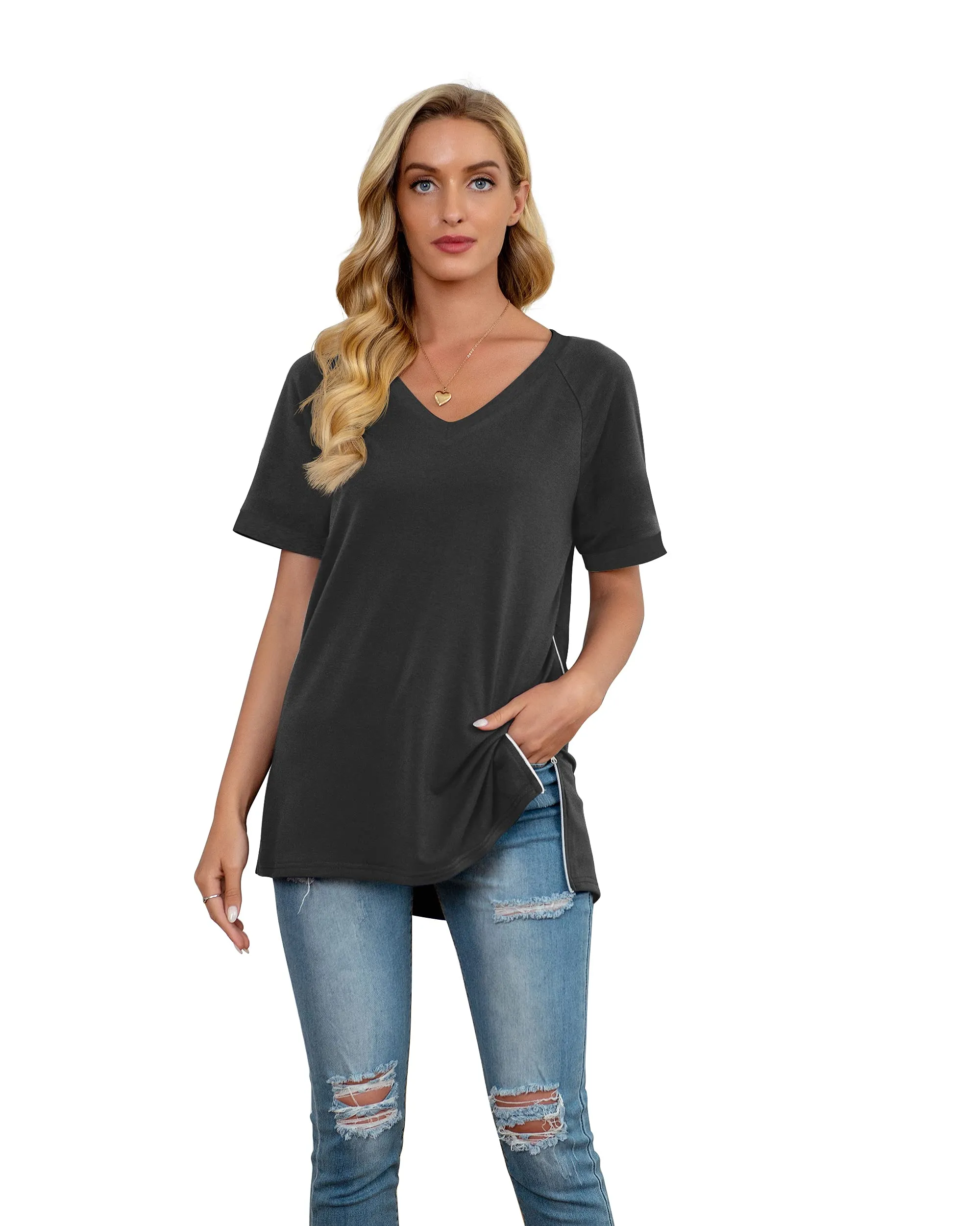 PrinStory Women's Summer Casual Tops V-Neck Soft Raglan Short Sleeves Tops Basic T-Shirt Split Blouse with Side Zipper