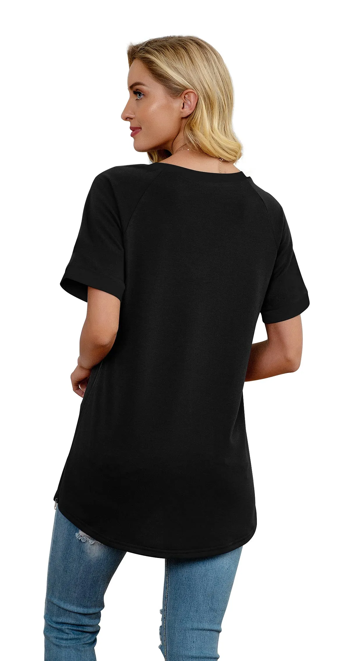 PrinStory Women's Summer Casual Tops V-Neck Soft Raglan Short Sleeves Tops Basic T-Shirt Split Blouse with Side Zipper