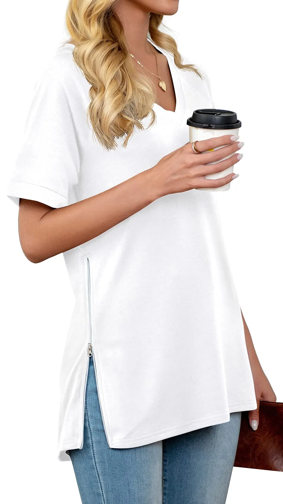 PrinStory Women's Summer Casual Tops V-Neck Soft Raglan Short Sleeves Tops Basic T-Shirt Split Blouse with Side Zipper