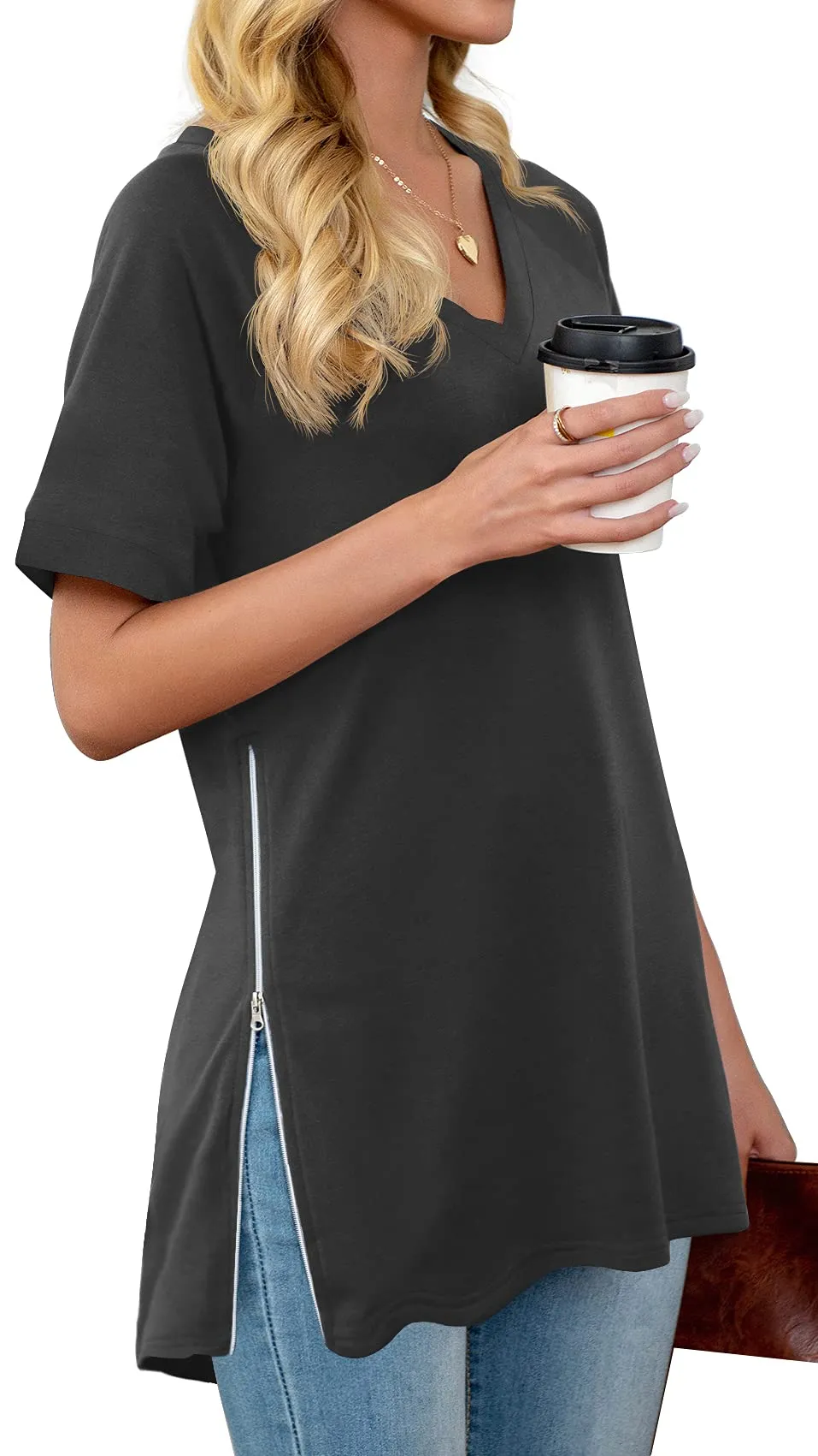 PrinStory Women's Summer Casual Tops V-Neck Soft Raglan Short Sleeves Tops Basic T-Shirt Split Blouse with Side Zipper