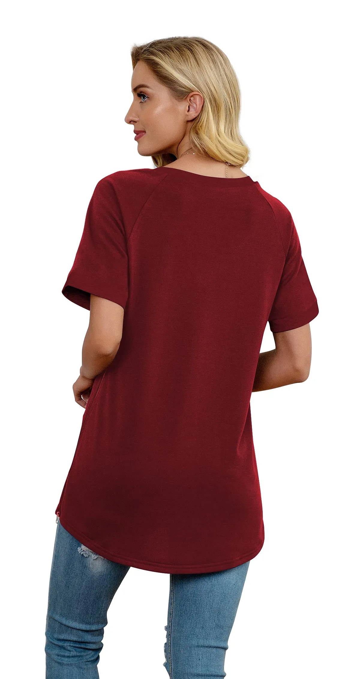 PrinStory Women's Summer Casual Tops V-Neck Soft Raglan Short Sleeves Tops Basic T-Shirt Split Blouse with Side Zipper