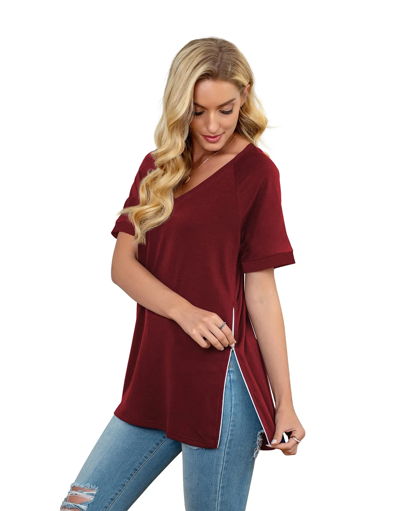 PrinStory Women's Summer Casual Tops V-Neck Soft Raglan Short Sleeves Tops Basic T-Shirt Split Blouse with Side Zipper