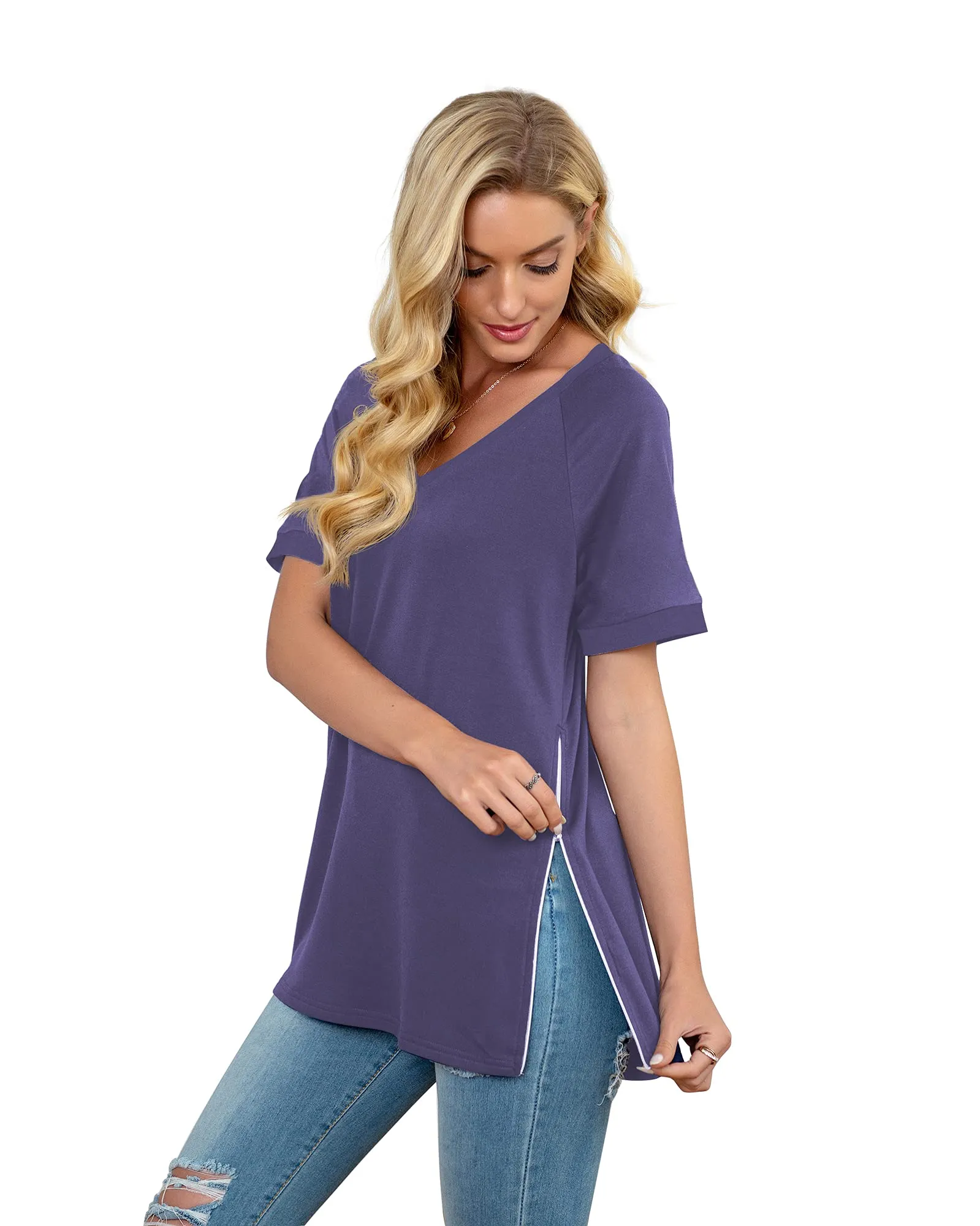PrinStory Women's Summer Casual Tops V-Neck Soft Raglan Short Sleeves Tops Basic T-Shirt Split Blouse with Side Zipper