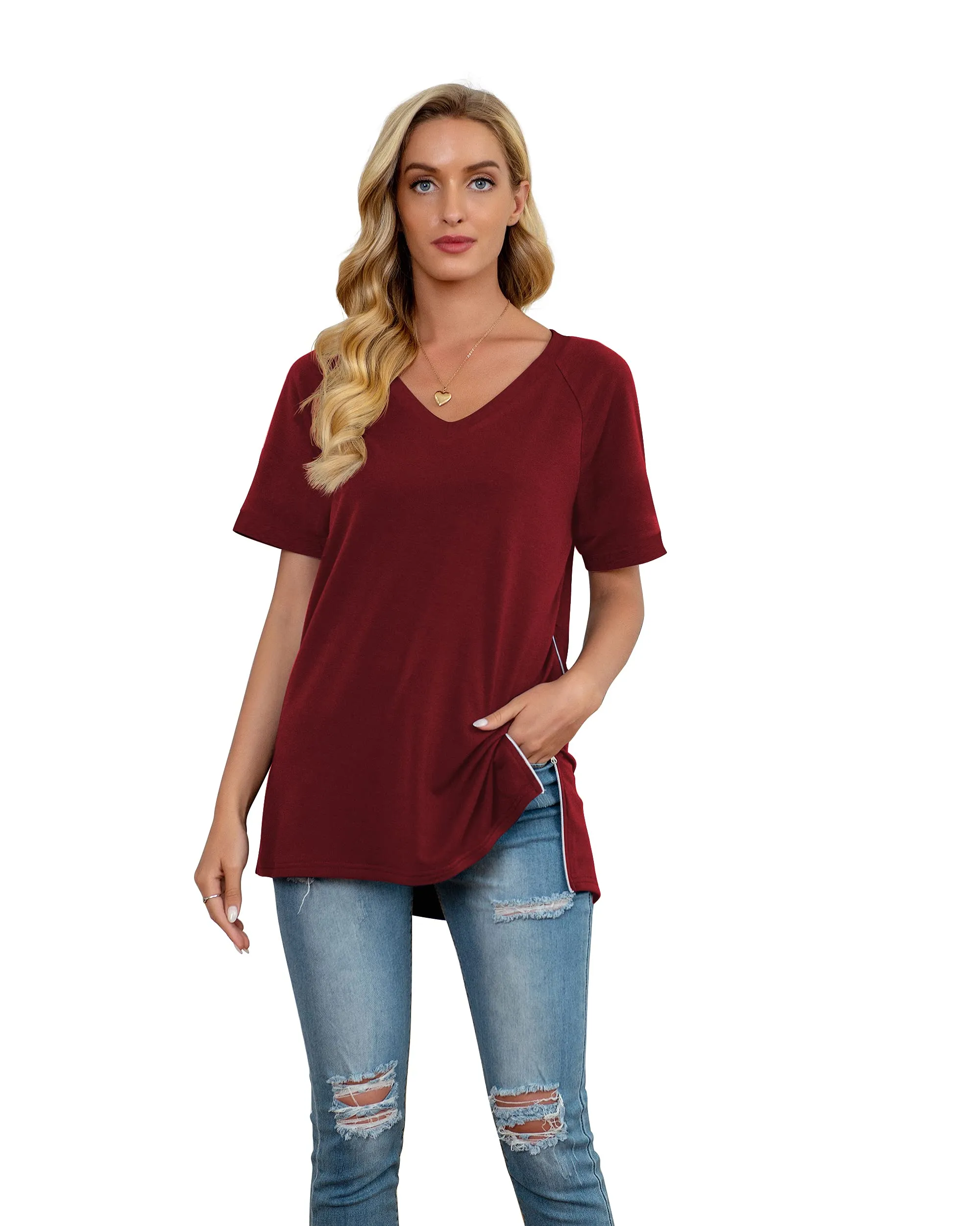 PrinStory Women's Summer Casual Tops V-Neck Soft Raglan Short Sleeves Tops Basic T-Shirt Split Blouse with Side Zipper