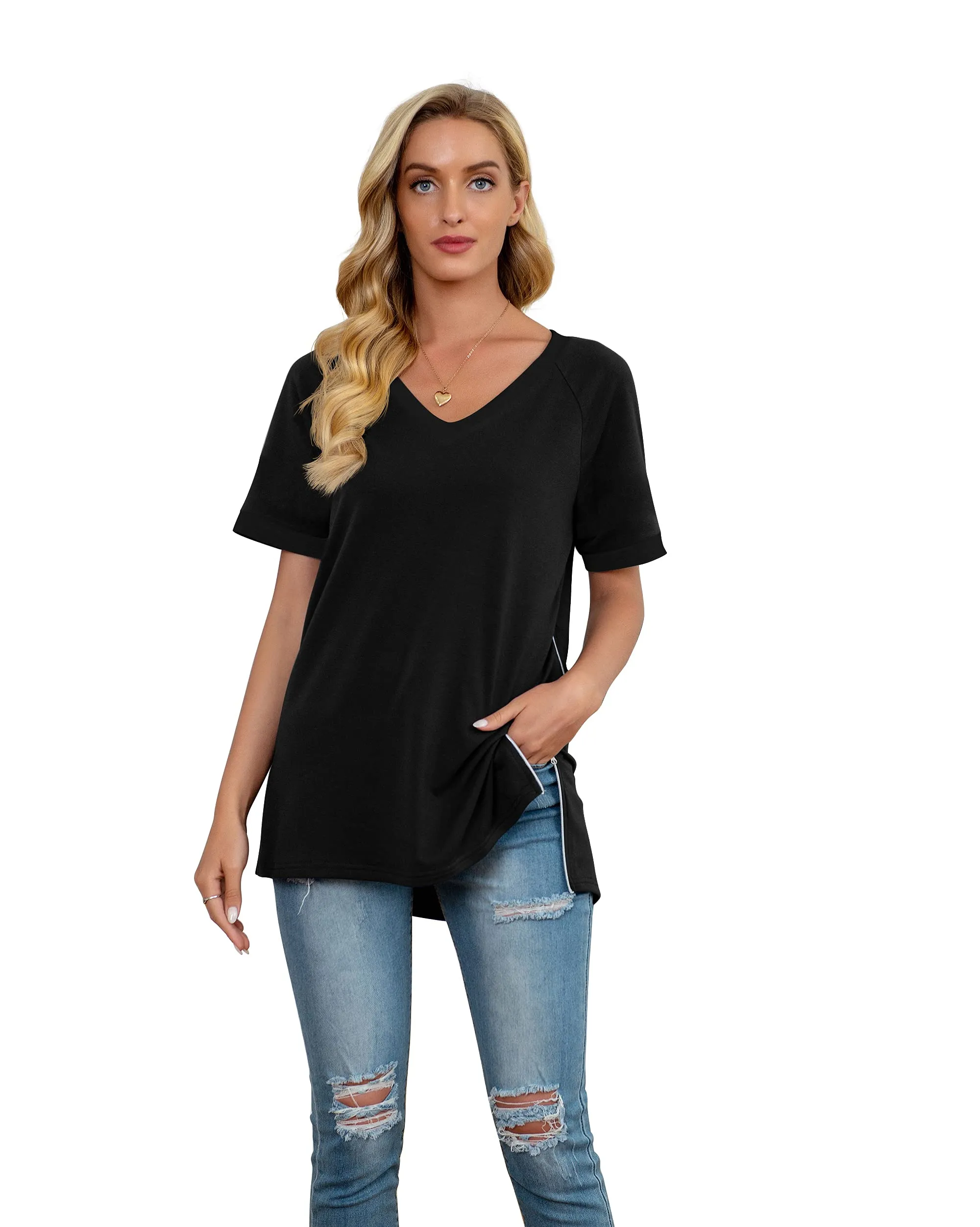 PrinStory Women's Summer Casual Tops V-Neck Soft Raglan Short Sleeves Tops Basic T-Shirt Split Blouse with Side Zipper