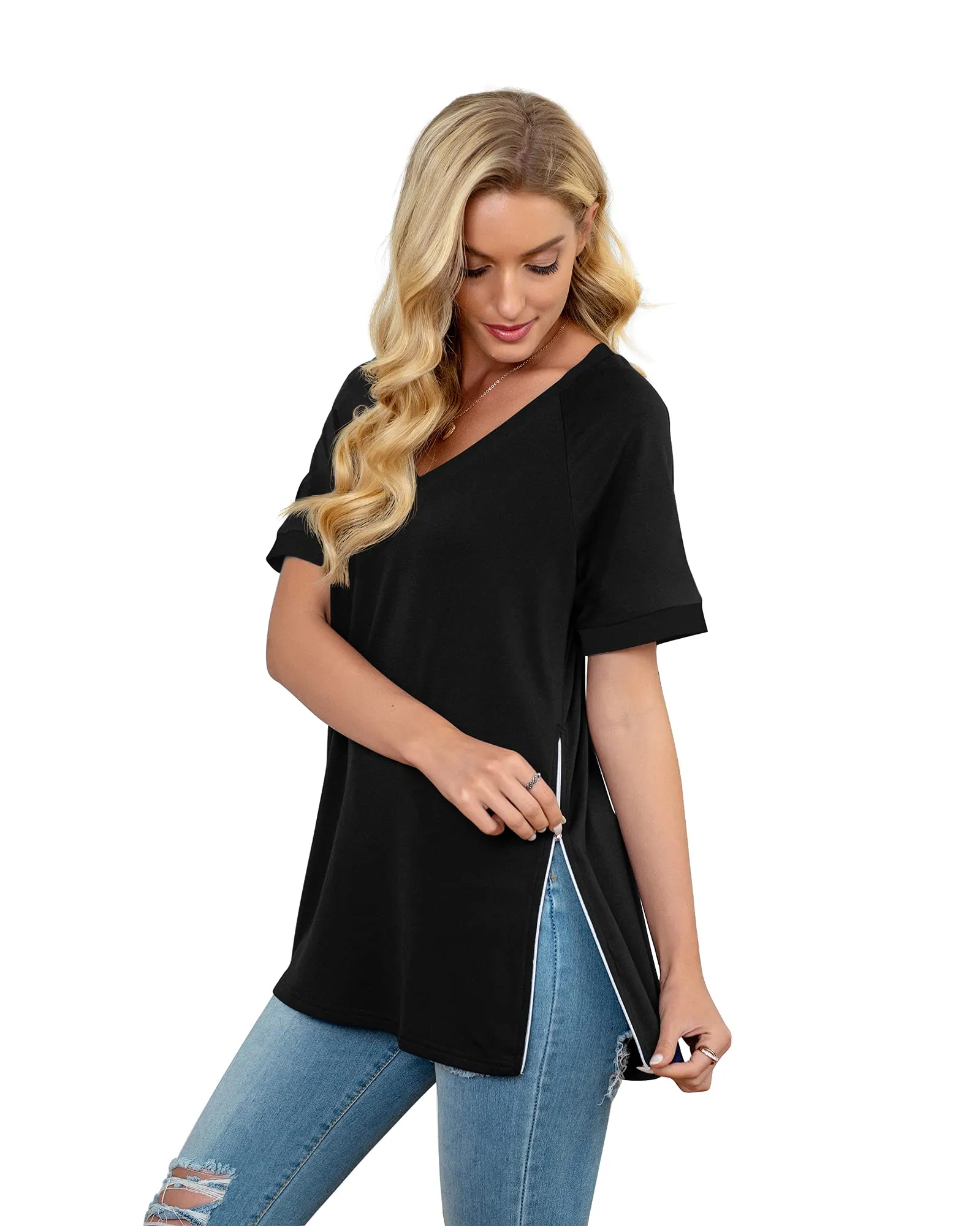 PrinStory Women's Summer Casual Tops V-Neck Soft Raglan Short Sleeves Tops Basic T-Shirt Split Blouse with Side Zipper