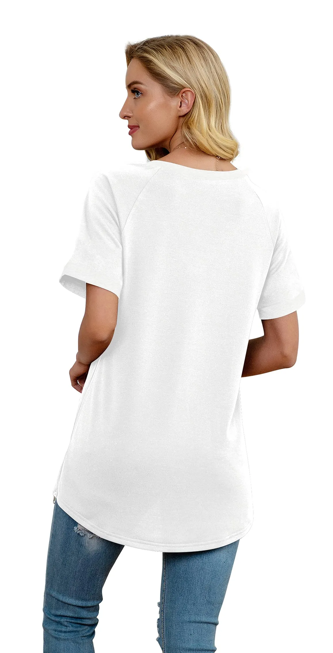 PrinStory Women's Summer Casual Tops V-Neck Soft Raglan Short Sleeves Tops Basic T-Shirt Split Blouse with Side Zipper