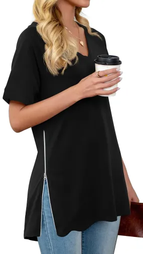 PrinStory Women's Summer Casual Tops V-Neck Soft Raglan Short Sleeves Tops Basic T-Shirt Split Blouse with Side Zipper