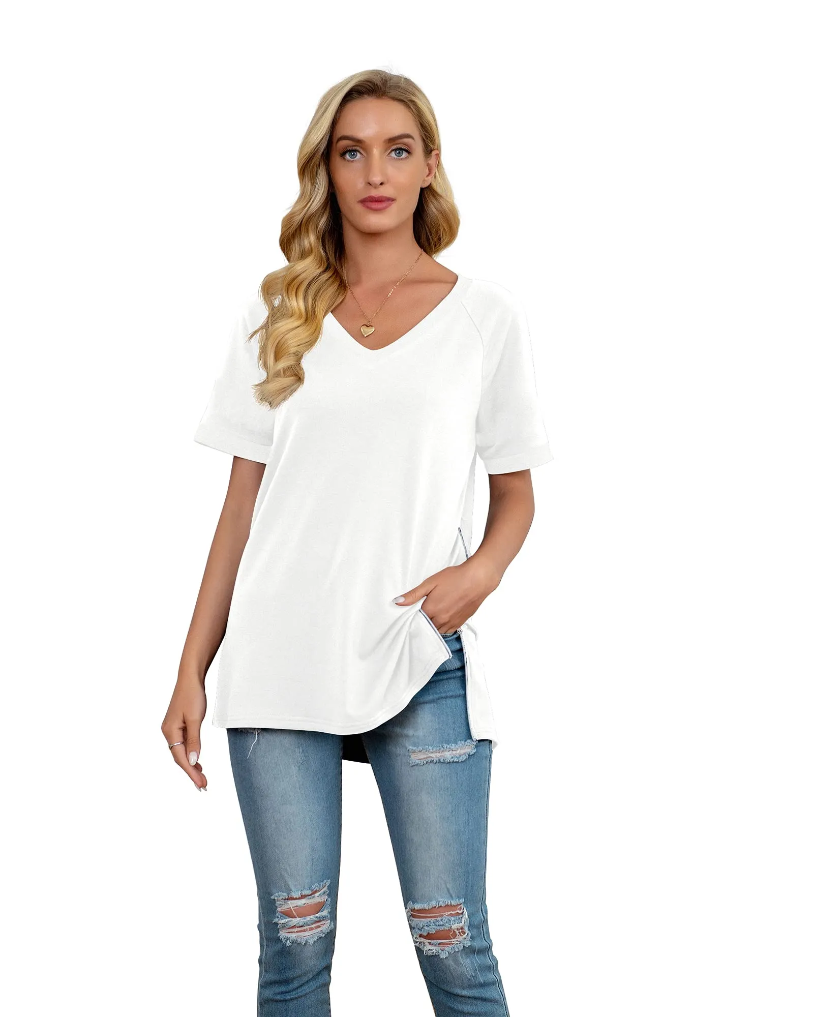 PrinStory Women's Summer Casual Tops V-Neck Soft Raglan Short Sleeves Tops Basic T-Shirt Split Blouse with Side Zipper